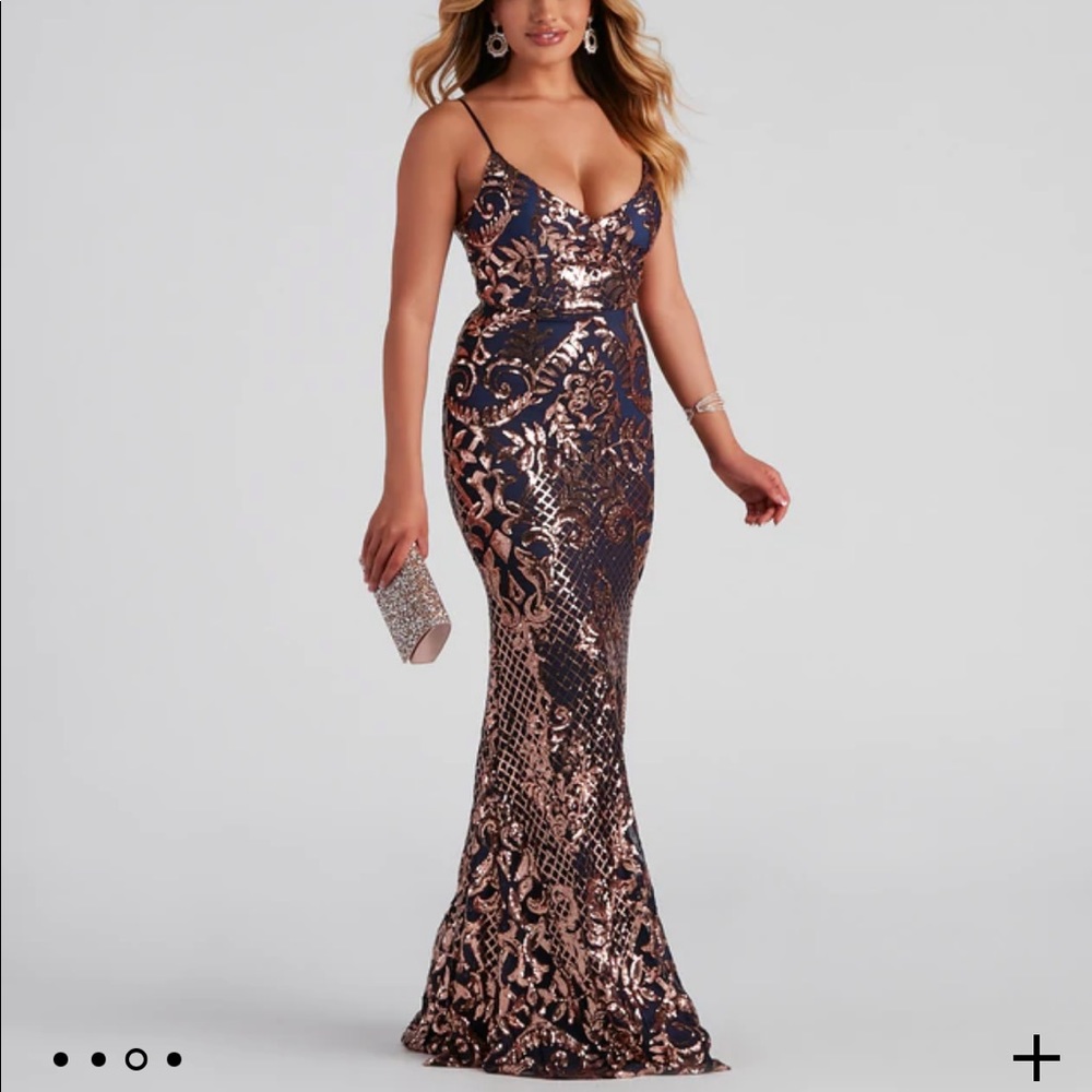 Navy Blue Gold Sequin Evening Gown